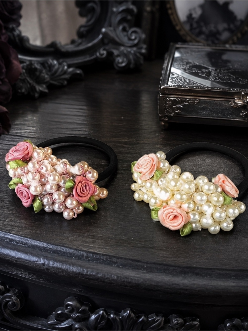 Set of 2 Boutique Faux Pearl Rose Hair Ties Ponytail Holders NWT